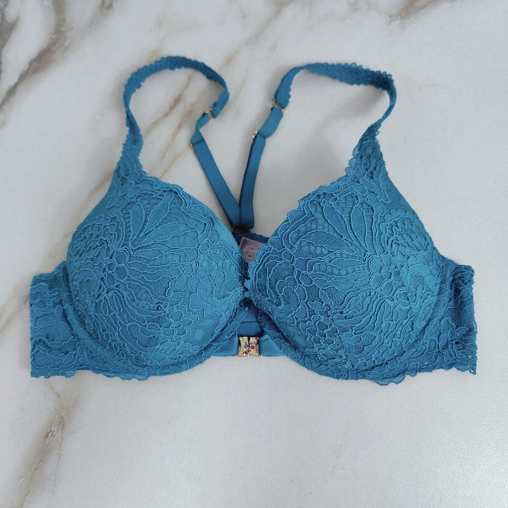 Savage X Fenty Teal Romantic Corded Lace Lifting Front Close Bra, Sz 34D